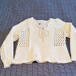CAbi Cream Open-Knit Tie-Front Crew Sweater